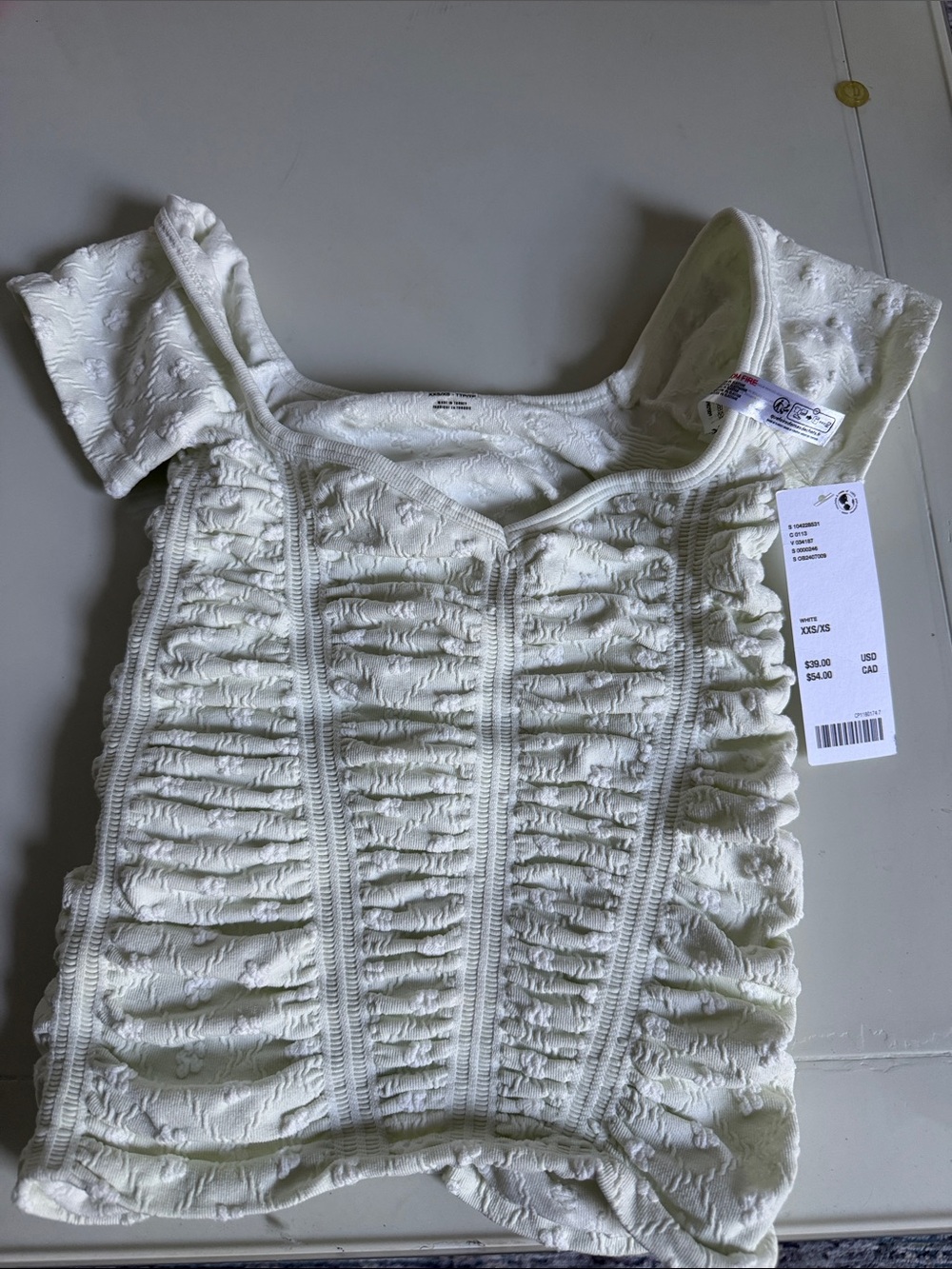 Urban Outfitters Cream Ruched Square-Neck Short Sleeve Top